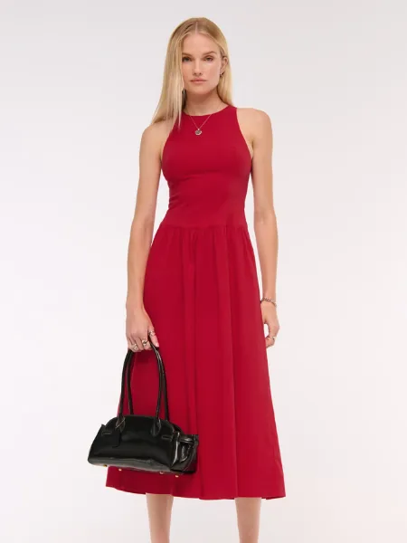 High Neck Drop Waist Midi Dress